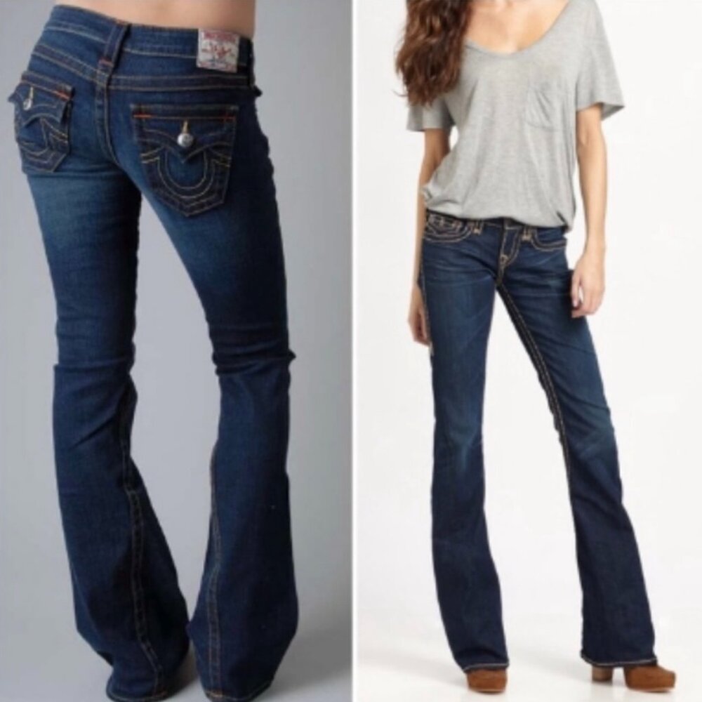 Sz 28 True Religion Joey Flare Jeans with Studded Pockets Low Rise Dark Rinse